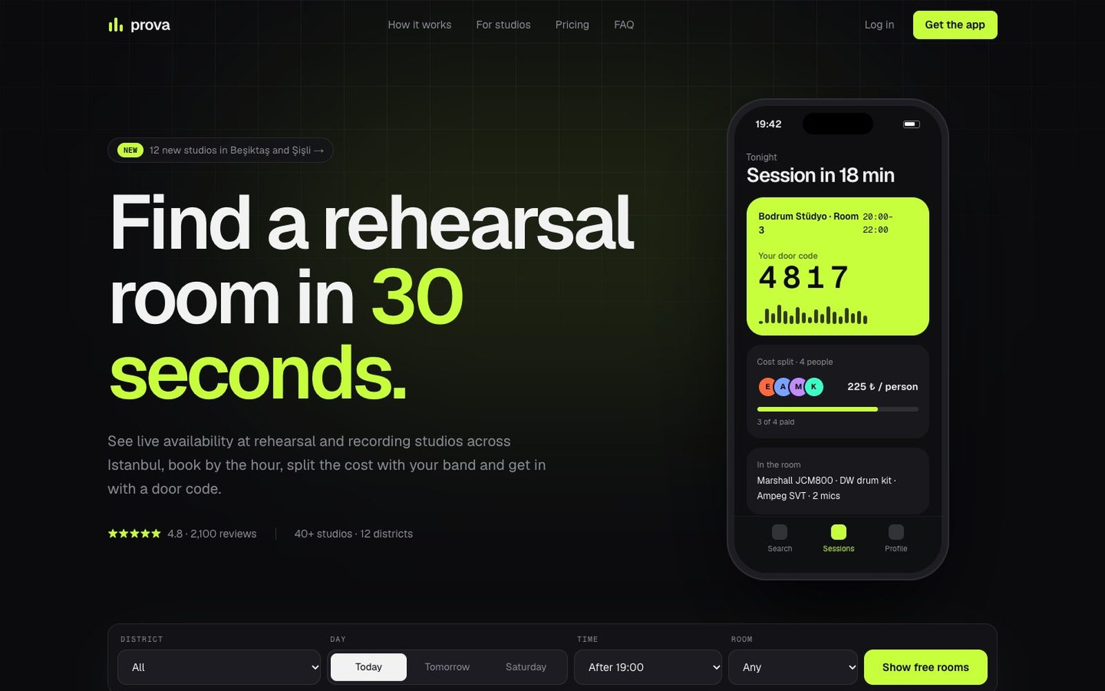 Prova studio rental website